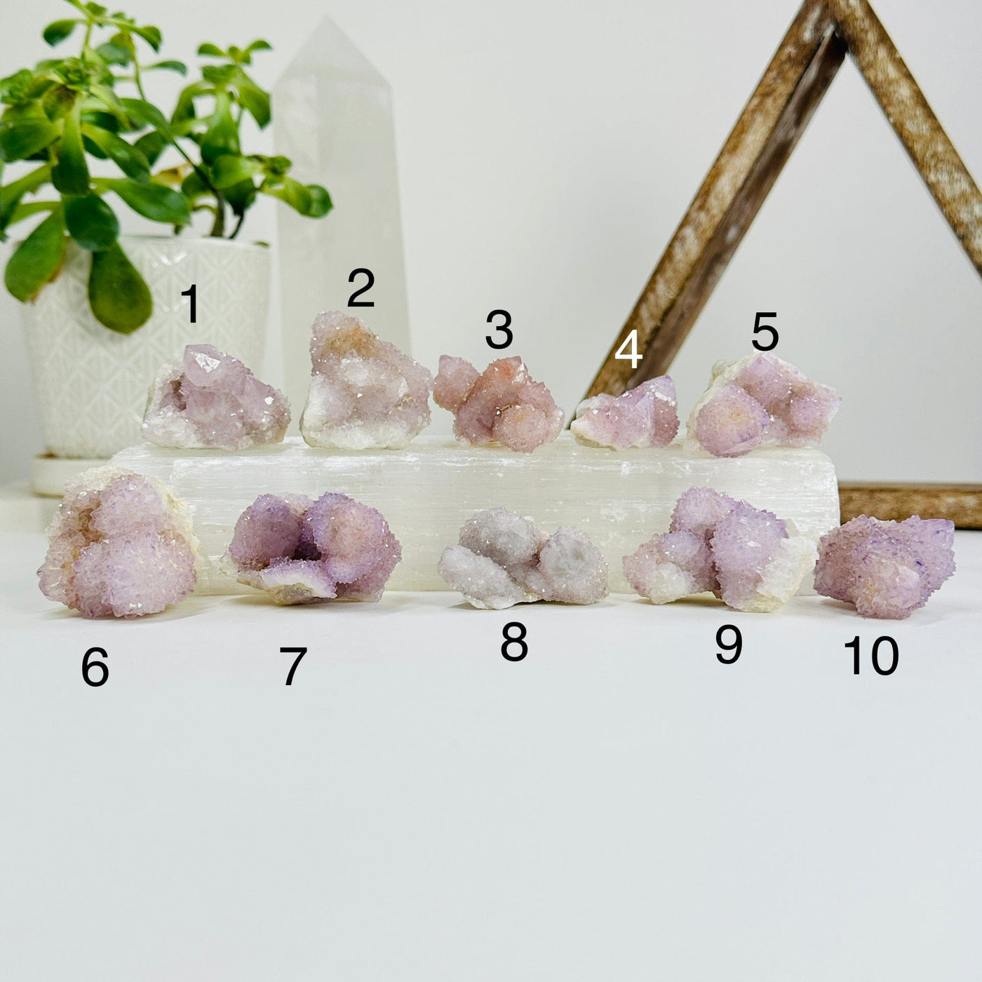 variants 1-10 of spirit quartz with decorations in the background