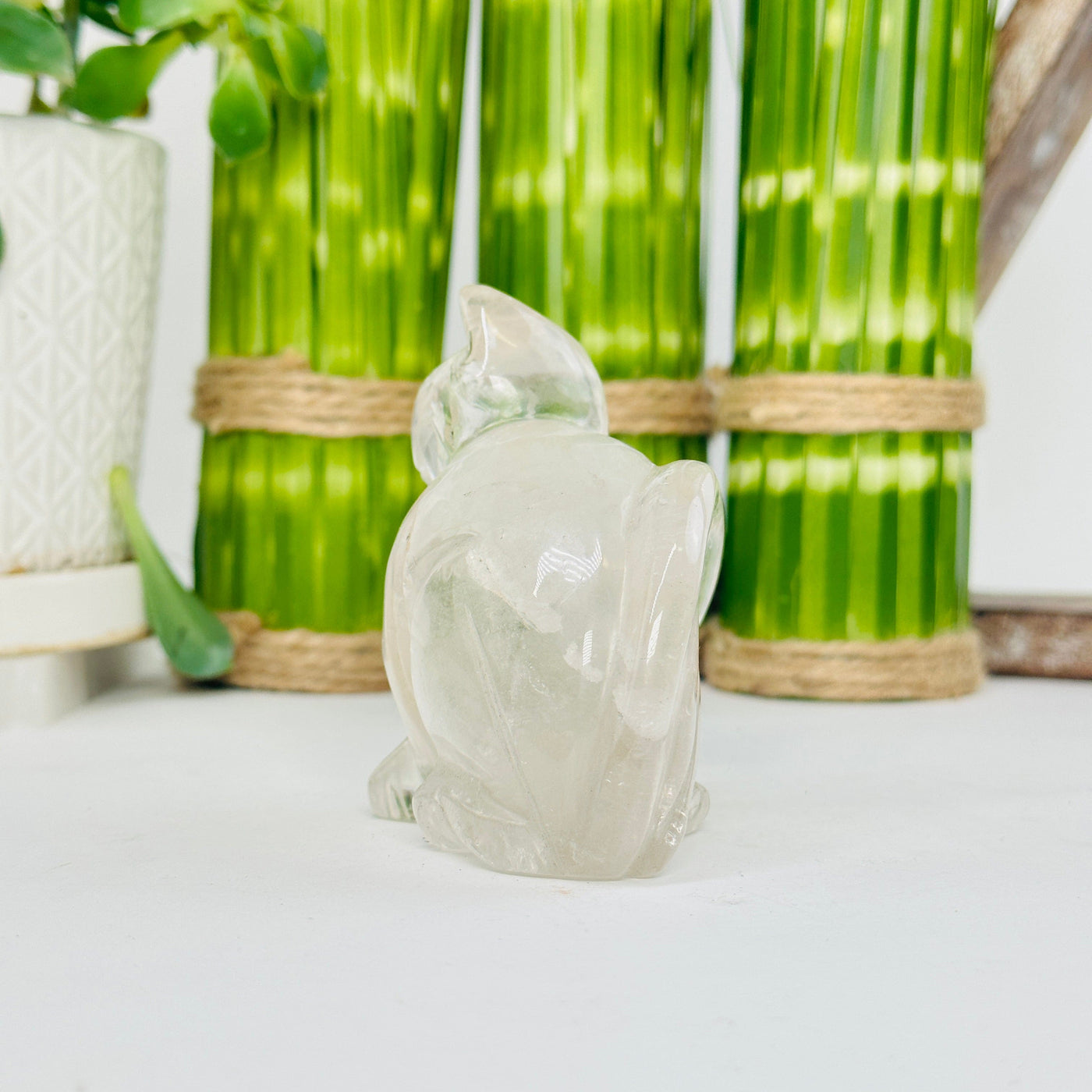 crystal quartz cat statue with decorations in the background