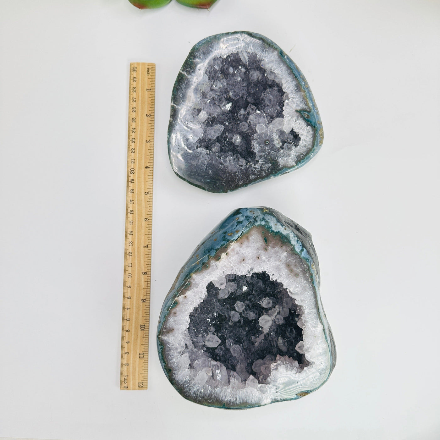 amethyst geode box next to a ruler for size reference