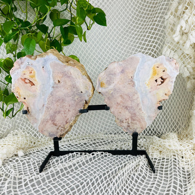 Pink amethyst double wings on metal stand with decorations in the background
