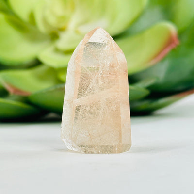 rutilated quartz point with decorations in the background