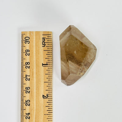 rutilated quartz next to a ruler for size reference
