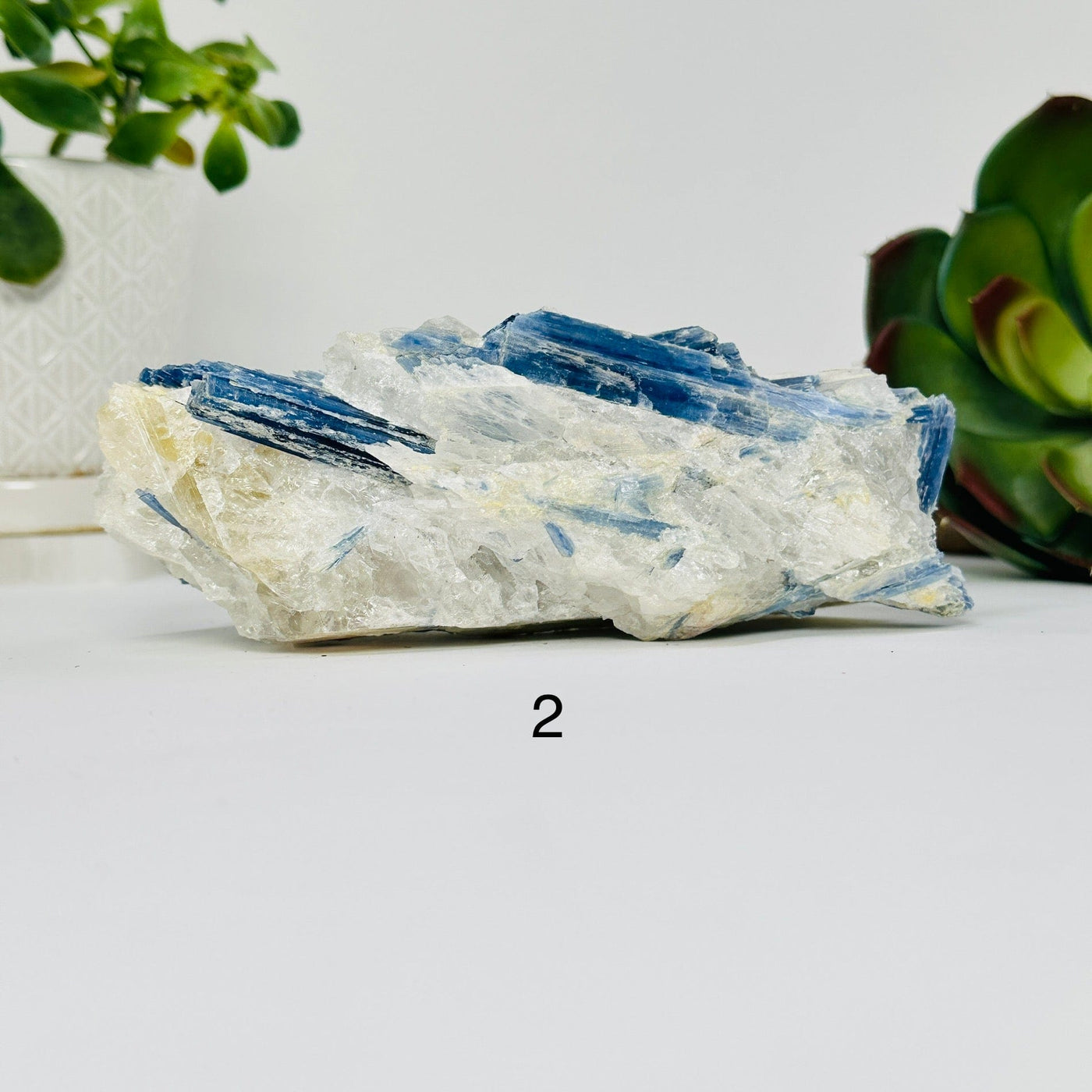 blue kyanite on matrix with decorations in the background