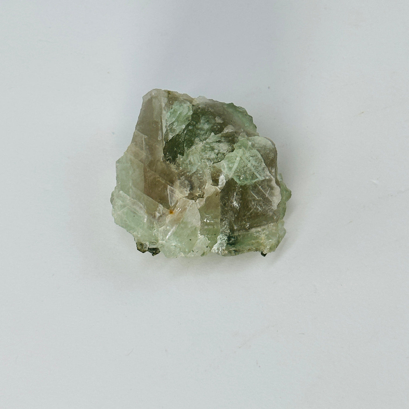 backside of green fluorite with epidote growth on white background