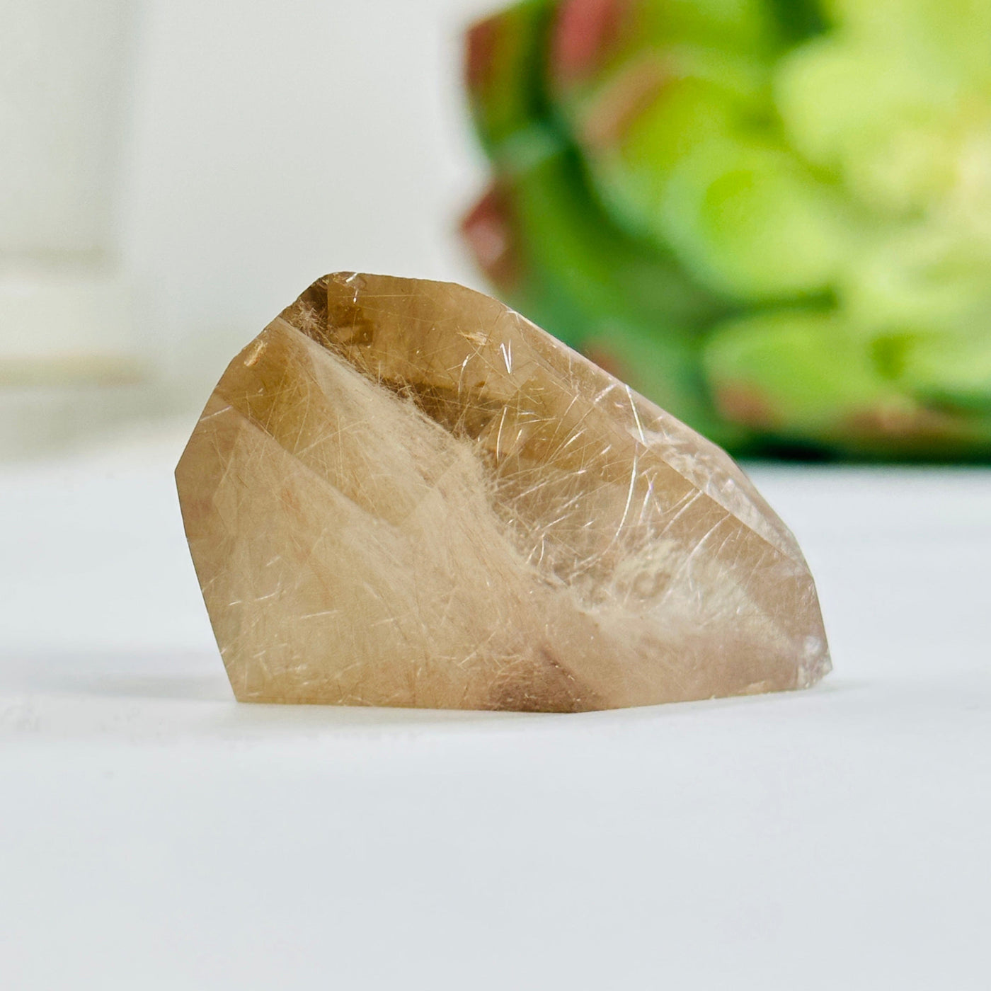 rutliated quartz with decorations in the background