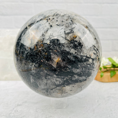 Large Black Tourmilated Quartz Sphere - Large- OOAK - front