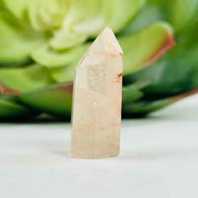 rutilated quartz point with decorations in the background