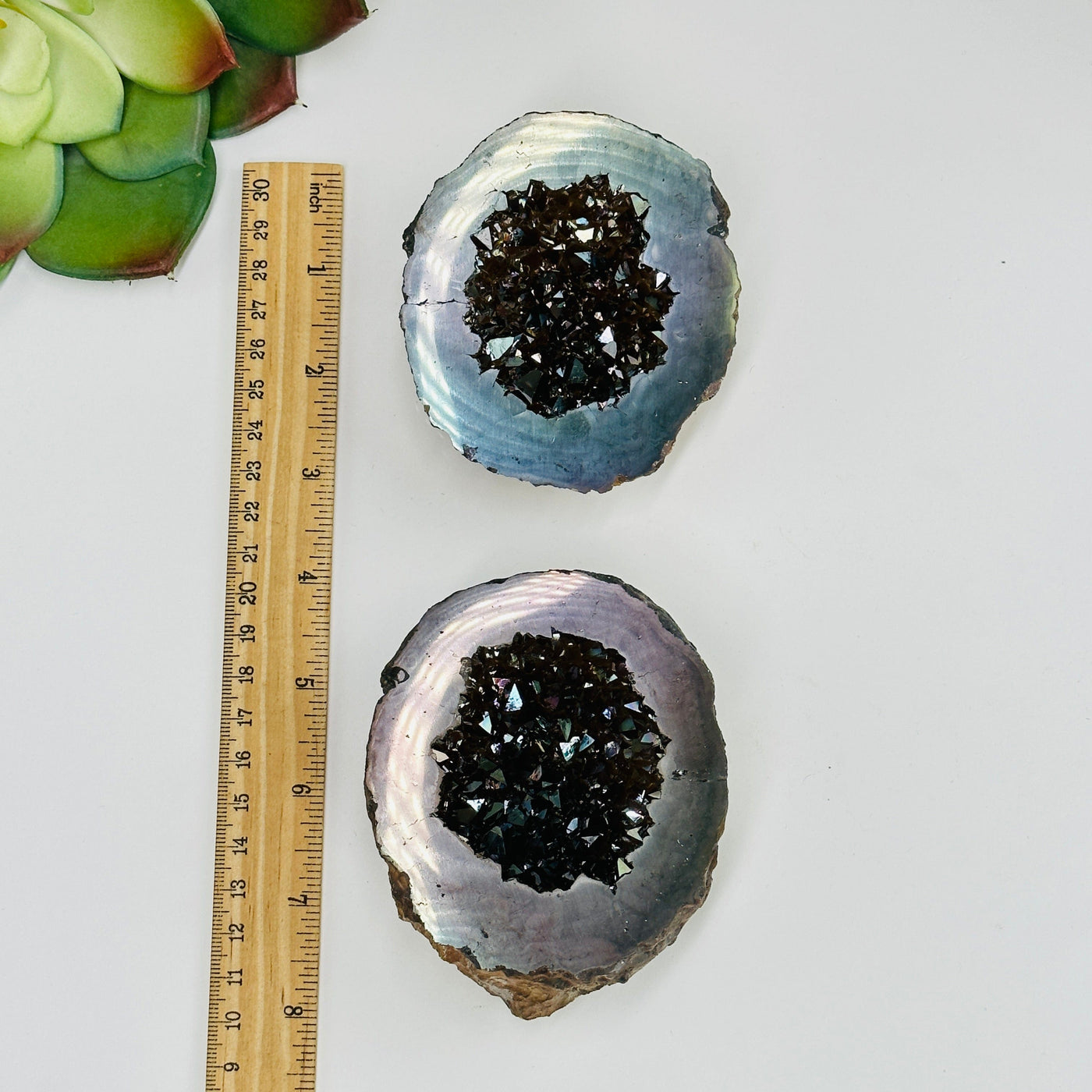 Platinum titanium coated geode box next to a ruler for size reference