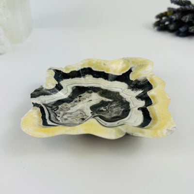 angled shot of Mexican Onyx dish with decorations in the background