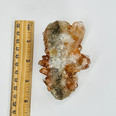 tangerine quartz cluster next to a ruler for size reference
