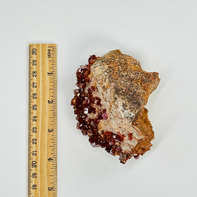 Natural vanadinite formation next to a ruler for size reference