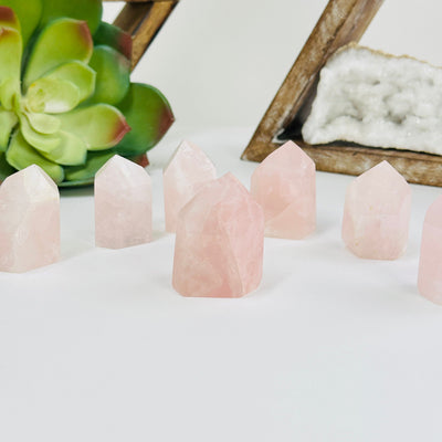 rose quartz polished points with decorations in the background