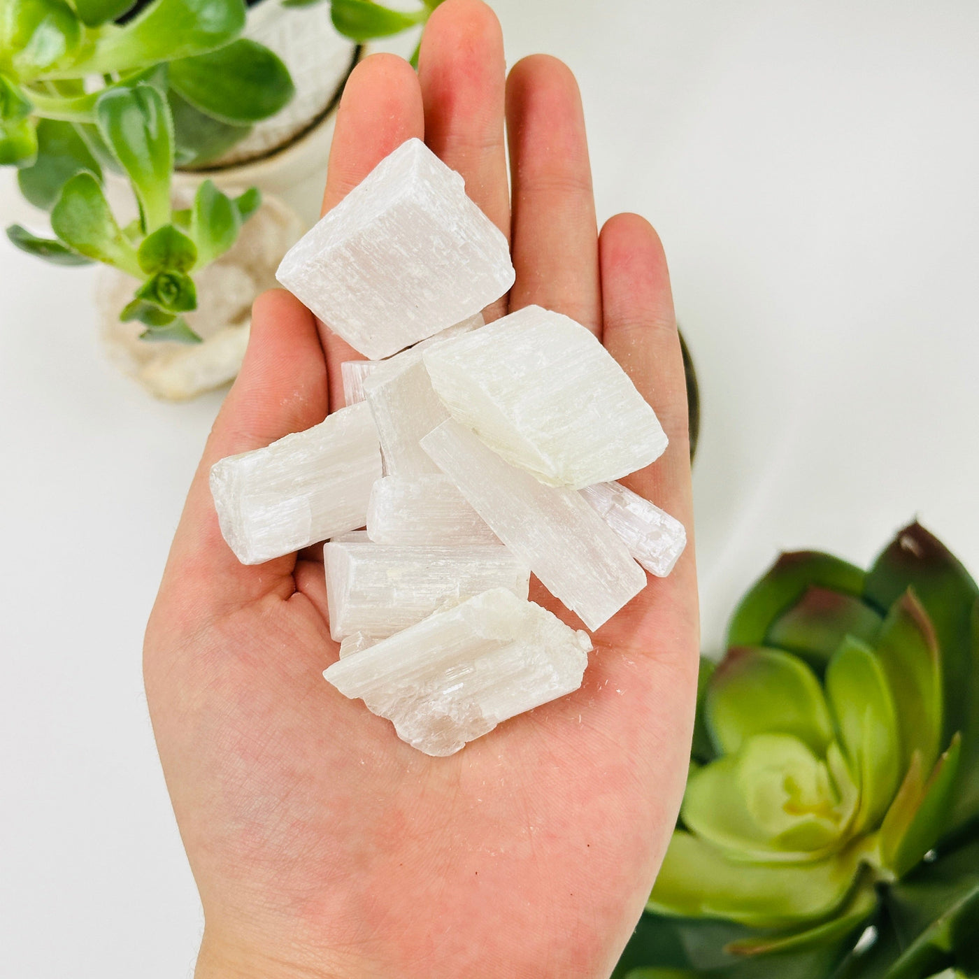 hand holding up selenite chips with decorations in the background