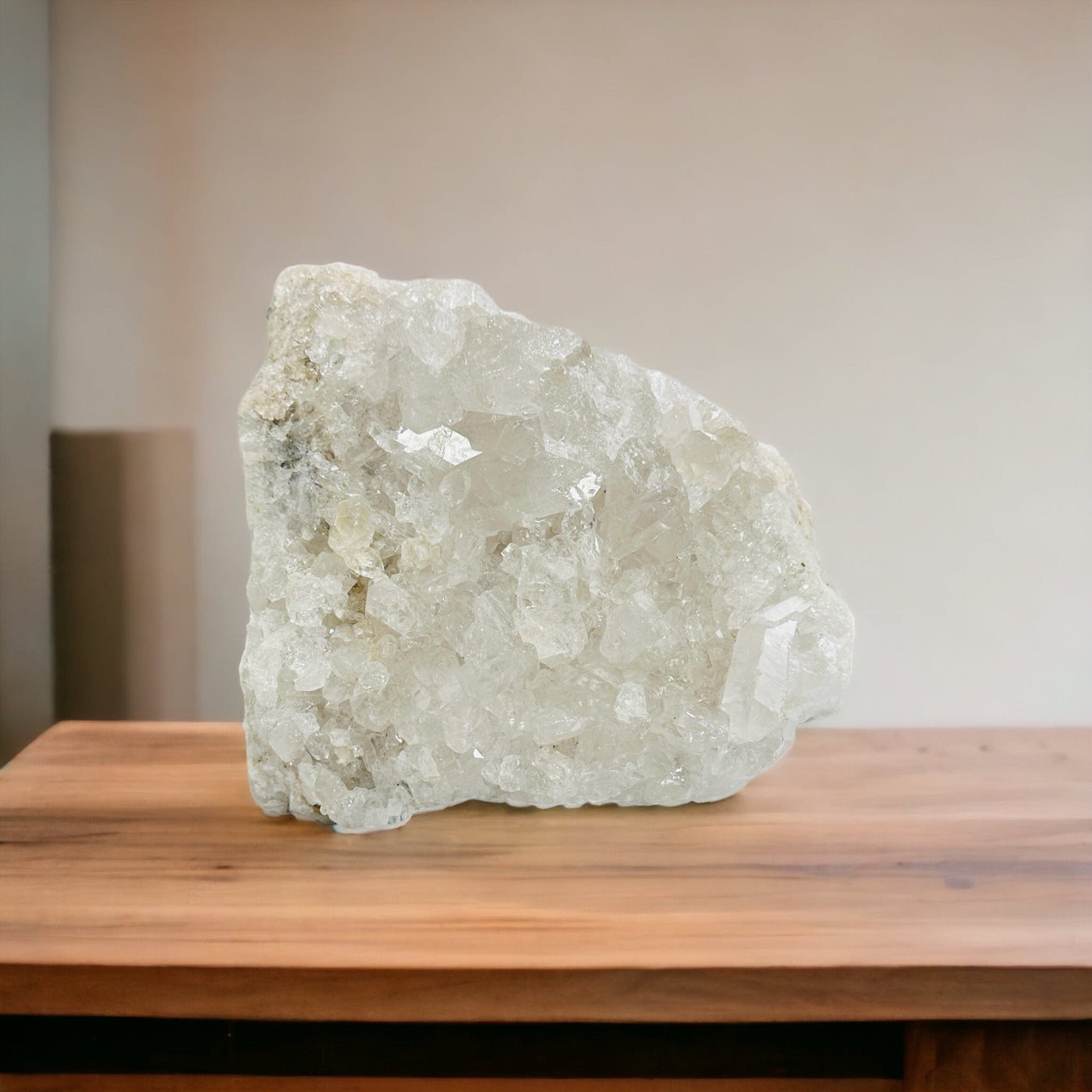 large crystal quartz cluster on a table