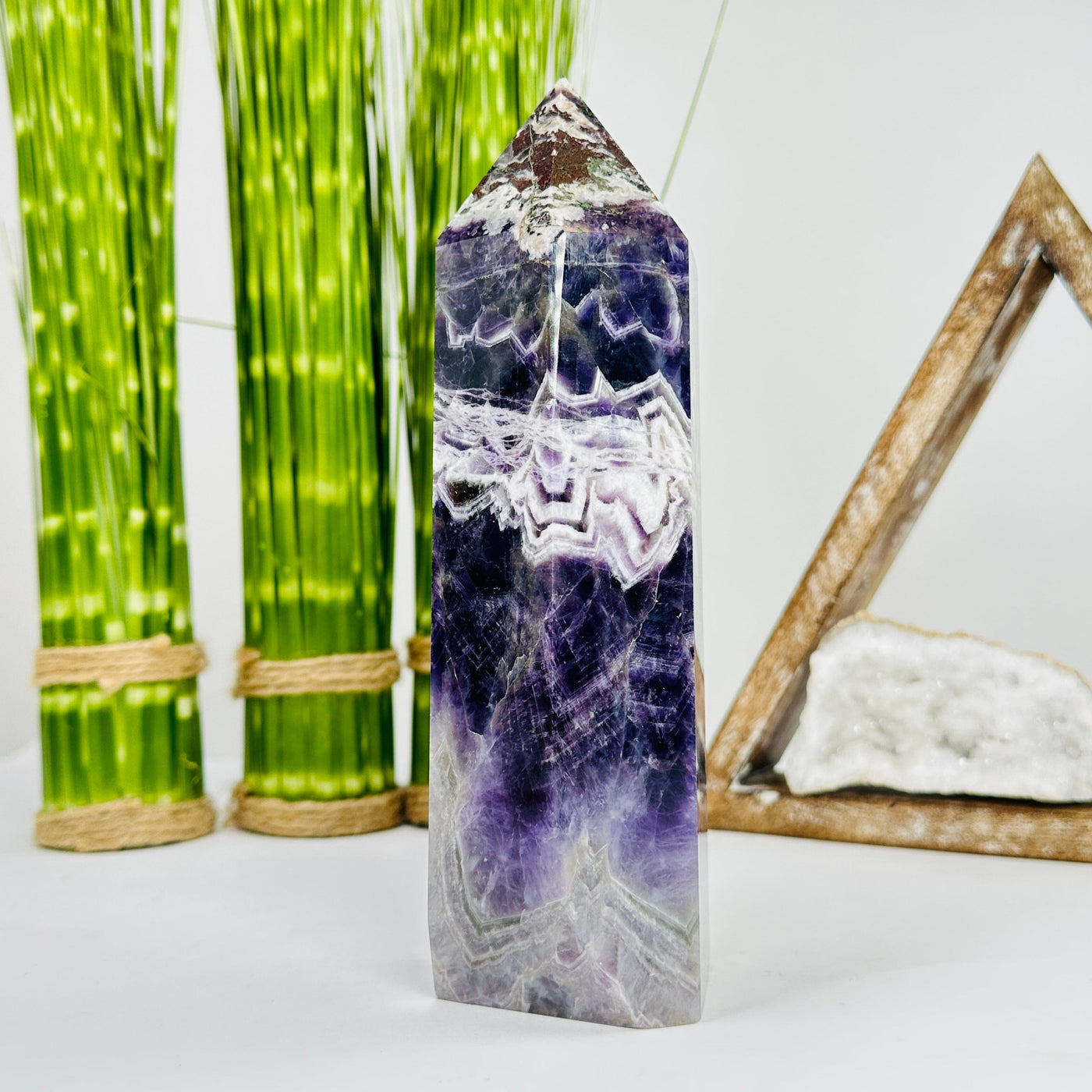 chevron amethyst polished tower with decorations in the background