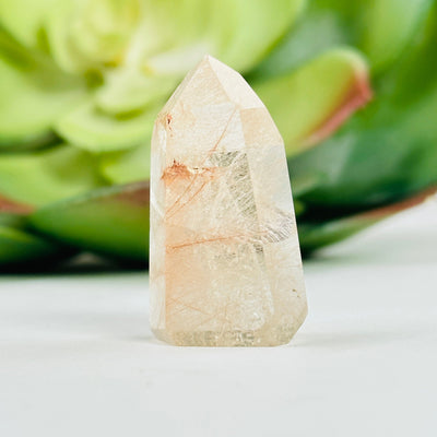 rutilated quartz point with decorations in the background