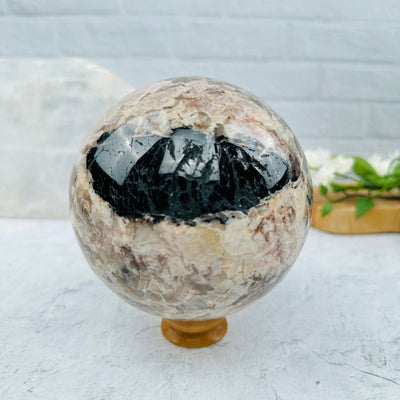  Large Tourmaline with Felt Spar Polished Sphere - OOAK - front