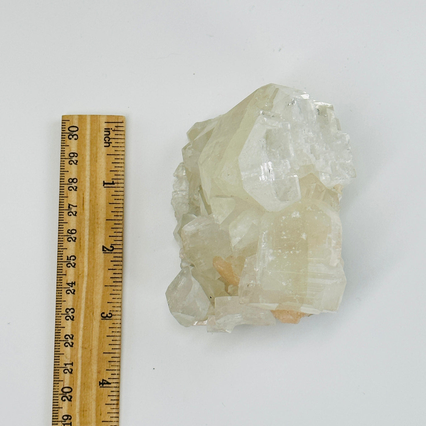 apophyllite with calcite cluster next to a ruler for size reference