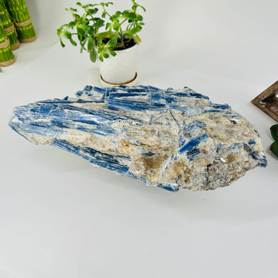 massive kyanite cluster with decorations in the background