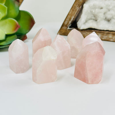 rose quartz polished points with decorations in the background