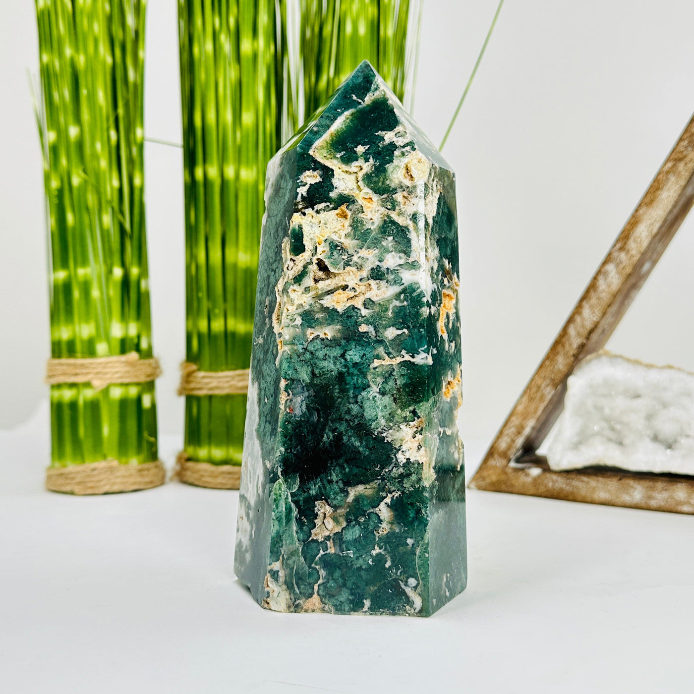moss agate tower with decorations in the background