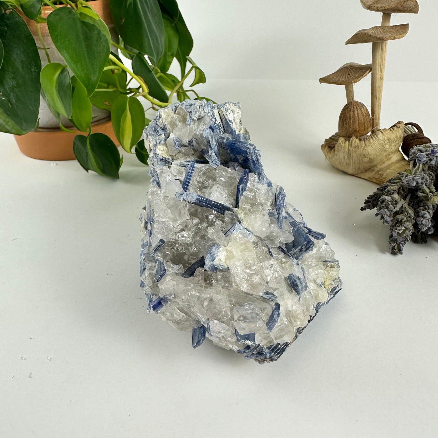 side view of blue kyanite with decorations in the background