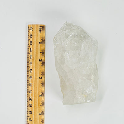 crackl quartz semi polished point next to a ruler for size reference