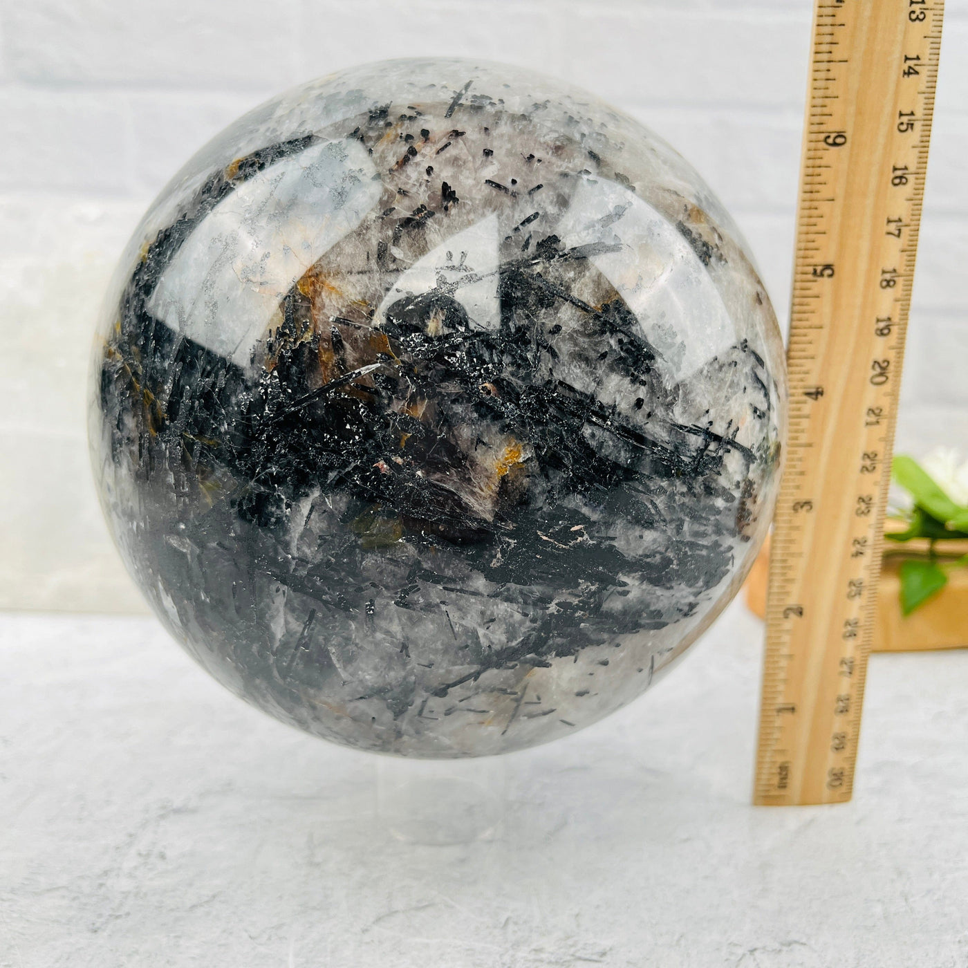 Large Black Tourmilated Quartz Sphere - Large- OOAK - with measurements