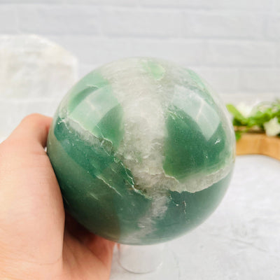 Green and White Quarts Sphere - OOAK- with hand