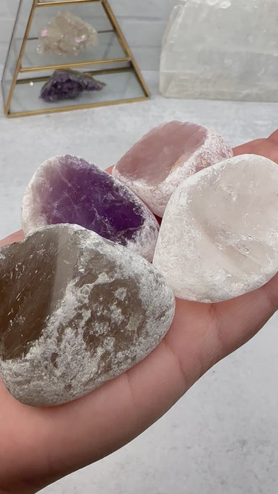 4 pc Seer Stones - Ema Egg -Tumbled Crystal - Amethyst, Smokey, Rose, and Crystal Quartz