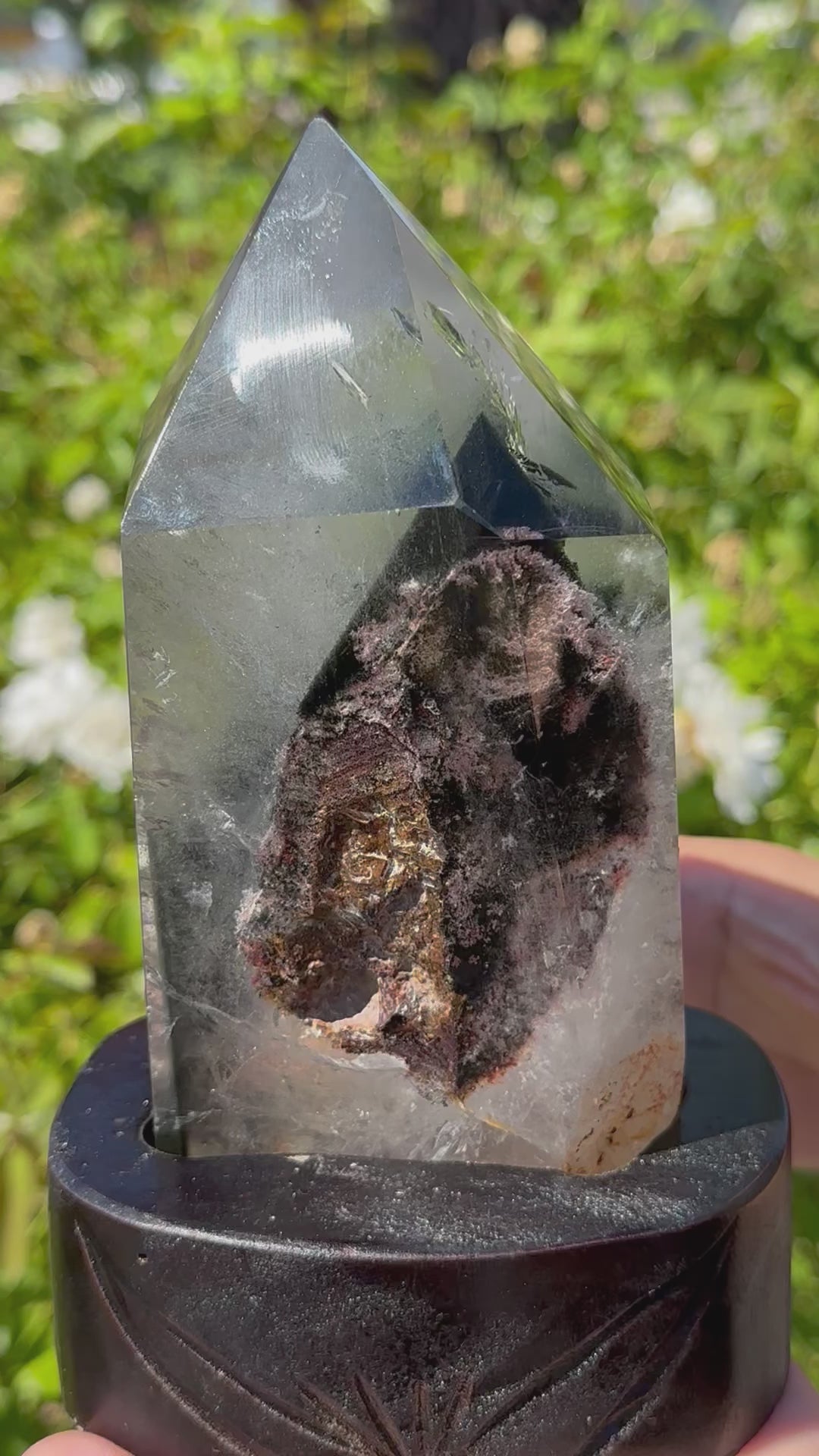 Lodolite Crystal Quartz on Wooden Stand - OOAK - With Phantoms Rare Find