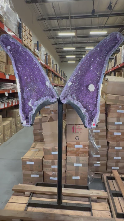 Amethyst Wings with Calcite druzy on custom Black Metal Stand - Over 5 ft Tall - Crystal Decor -