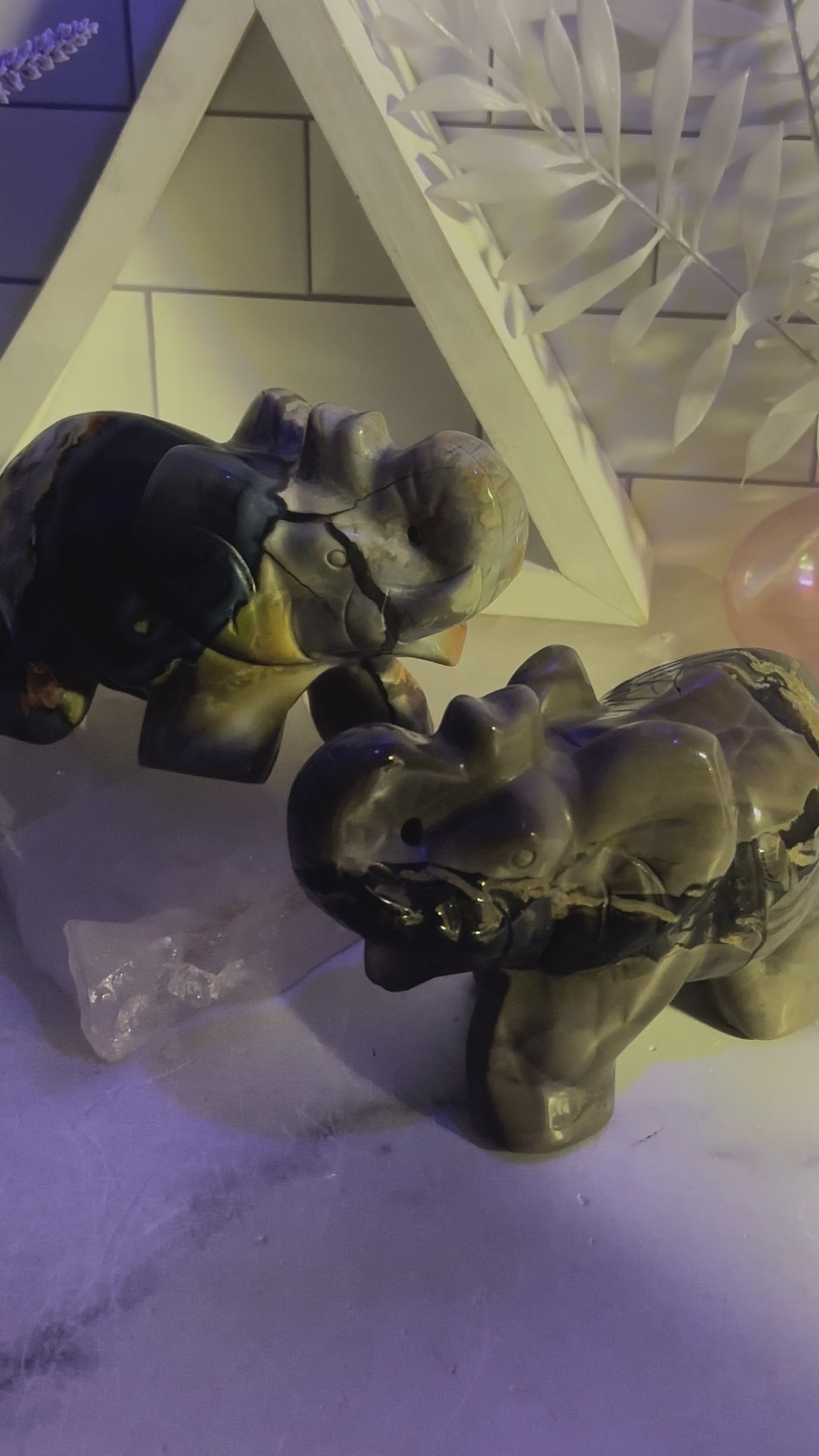 Lava Agate Crystal Carved Elephants - YOU CHOOSE Video showing UV light shining on UV reactive elephants