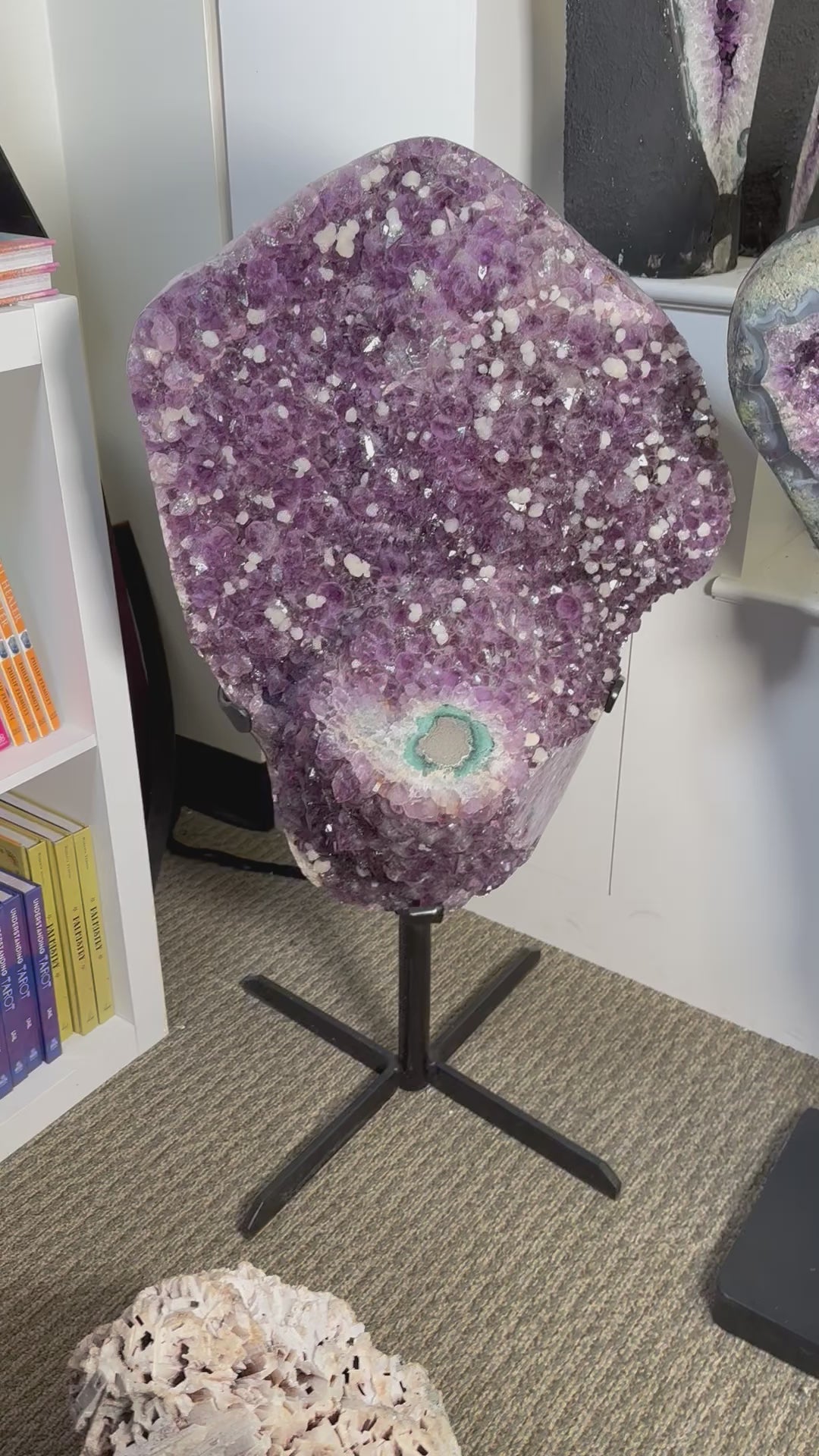 Amethyst Cluster with large Stalactite and Calcite on custom Black Metal Stand - Crystal Decor -