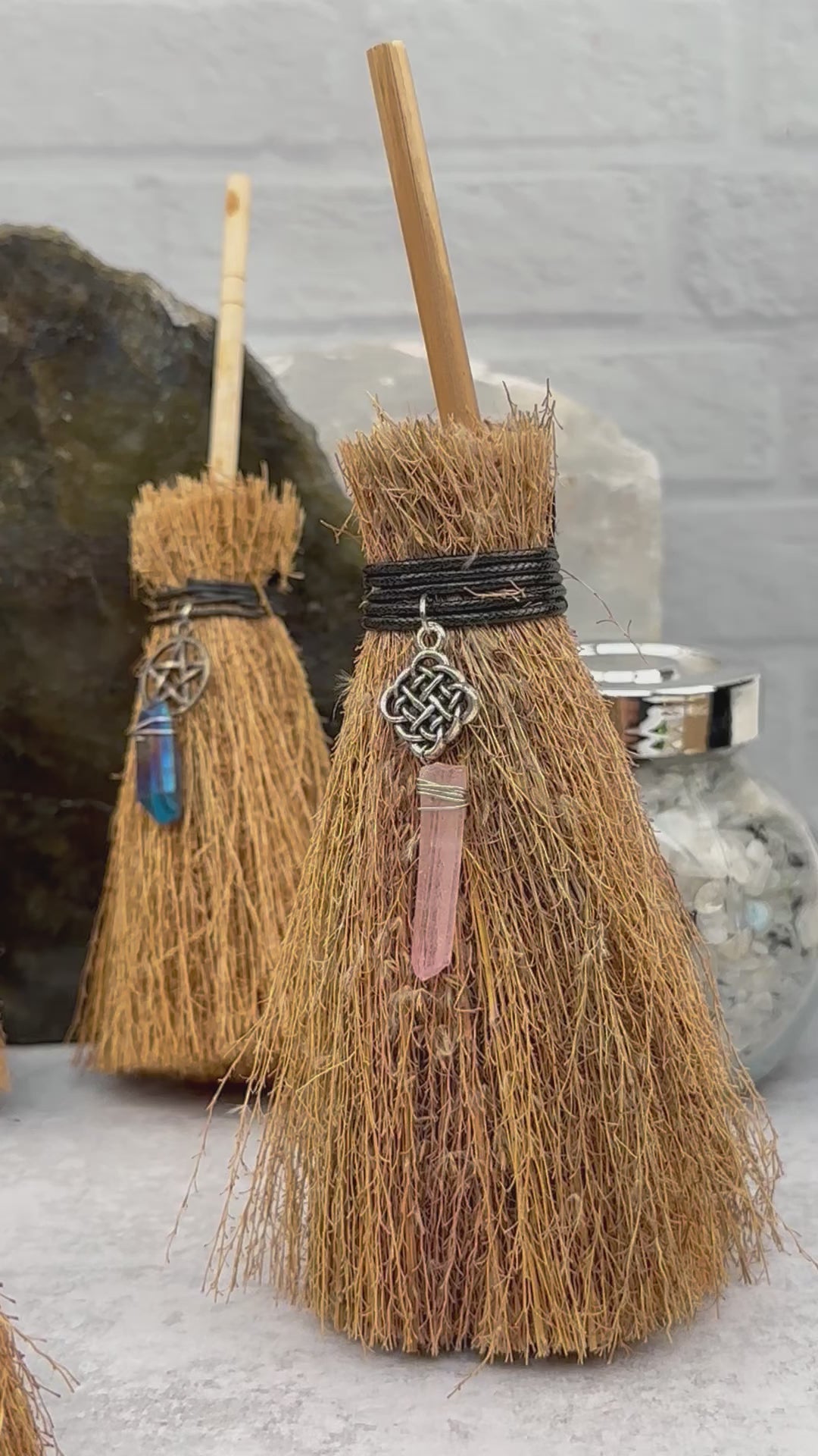 Protection Broom Gemstone Accent Crystal - Halloween Witchy