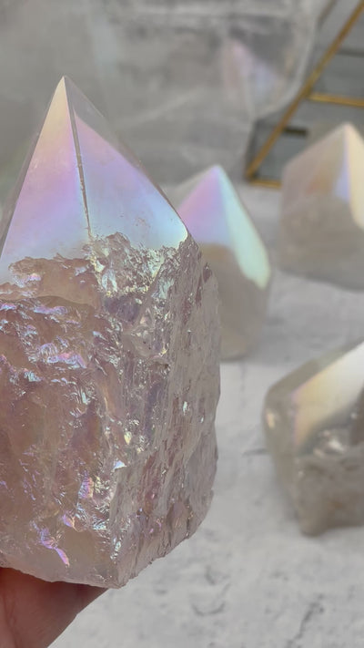 Crystal Quartz Semi Polished Point with Angel Aura Titanium Finish  By Weight