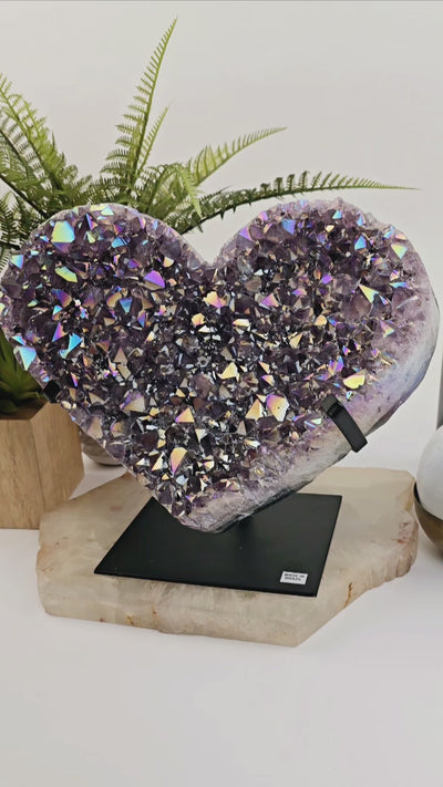 Angel Aura Amethyst Crystal Heart on Metal Stand video to show iridescence