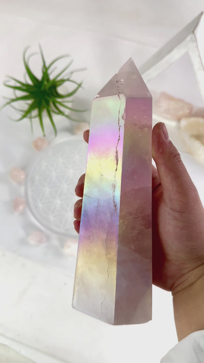 Angel Aura Rose Quartz Obelisk Polished Point video showing iridescent coating