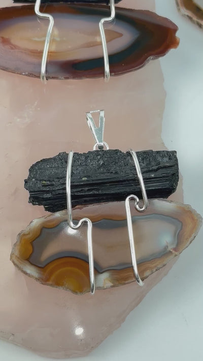 Crystal Quartz and Oco Agate Slice Wired Wrapped Pendant