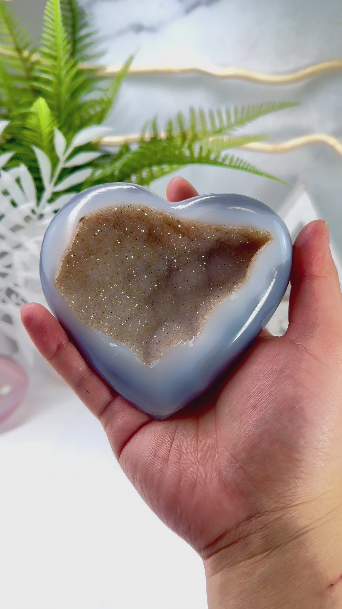 Agate Geode Heart with Druzy - Polished Crystal Heart video showing glittering effect of druzy crystals