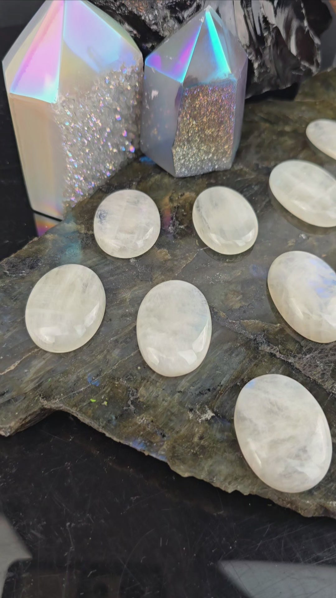 Moonstone Oval Crystal Cabochon - You Choose video showing flashes of moonstone cabochons