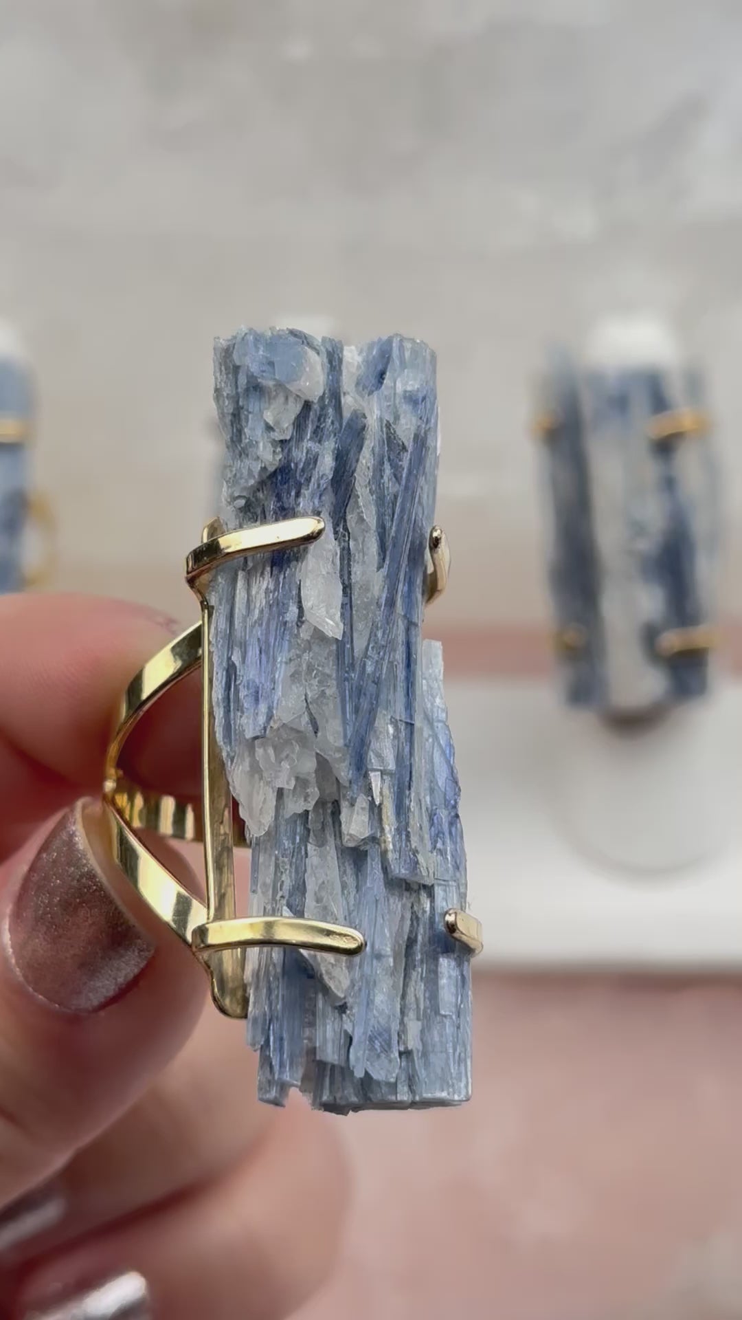 Blue Kyanite Rod Ring with Electroplated Band - Choose Finish