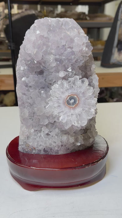 Amethyst Crystal Cluster on Wooden Base - Stalactite Flower -