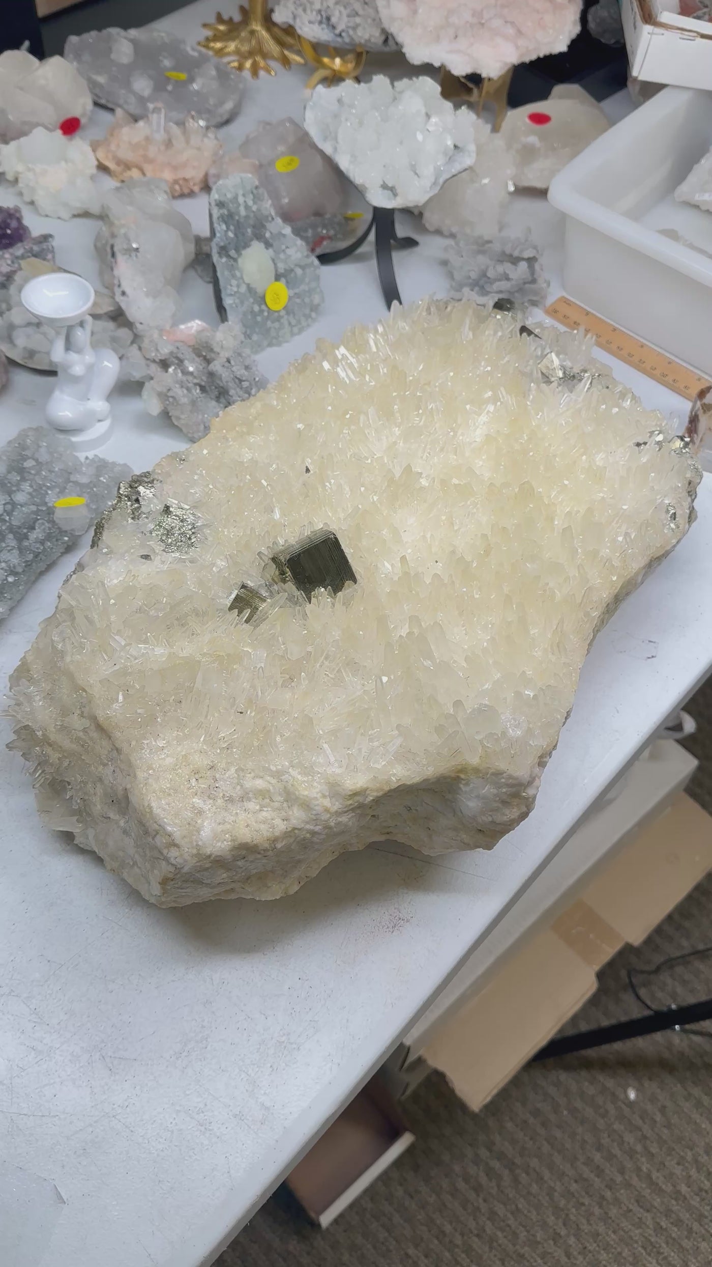 Cubic Pyrite on High Grade Crystal Quartz Cluster - Rare Find video showing closeup for detail panning in and then out