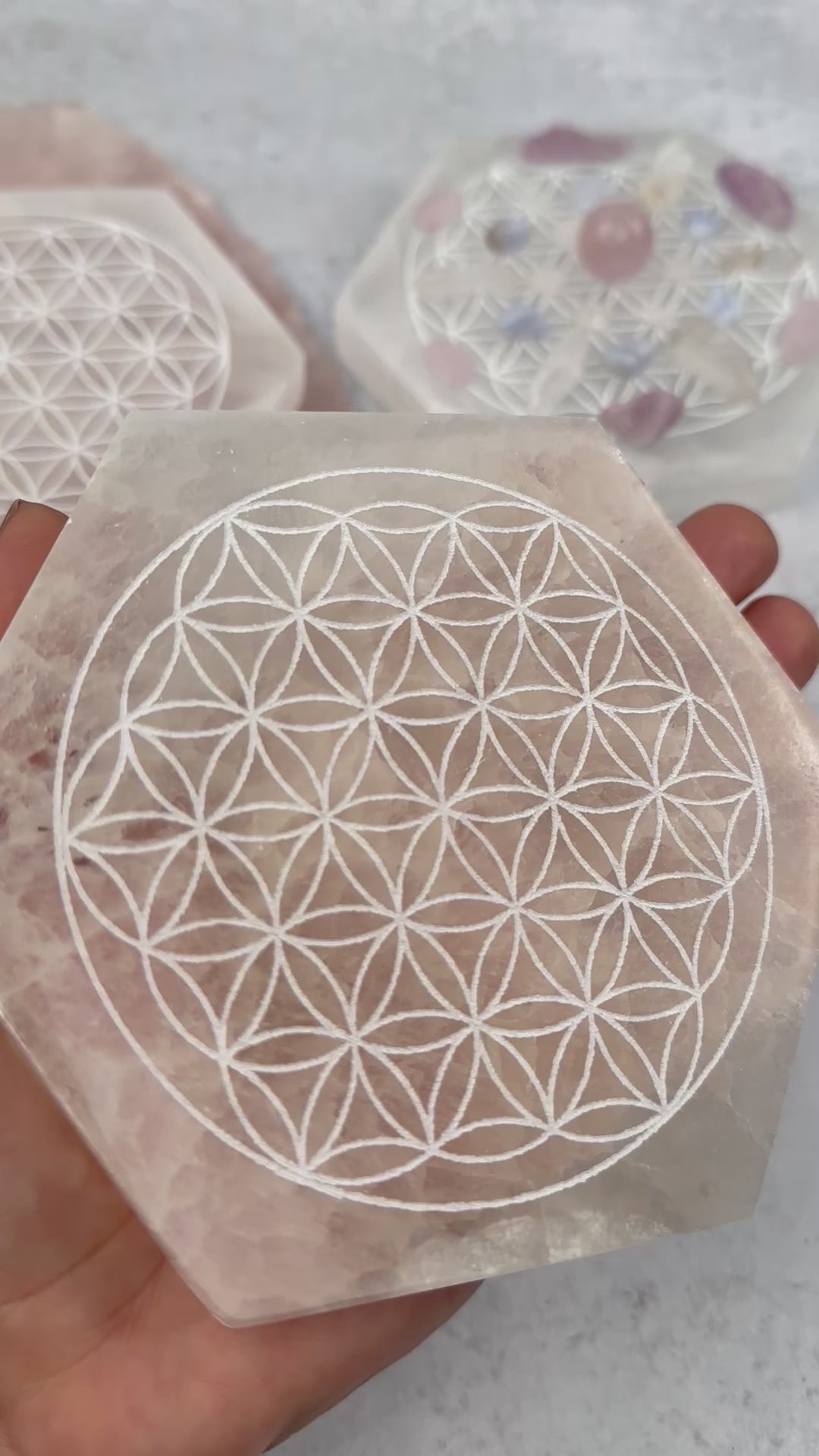 Selenite Hexagon Engraved with Flower of Life - Charging Plate -12CM (RK6-79)