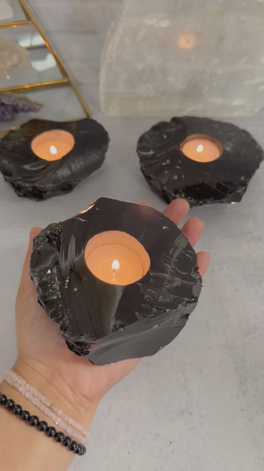 Obsidian Candle Holder - Black Stone Votive Tea Light -(RK2-05)