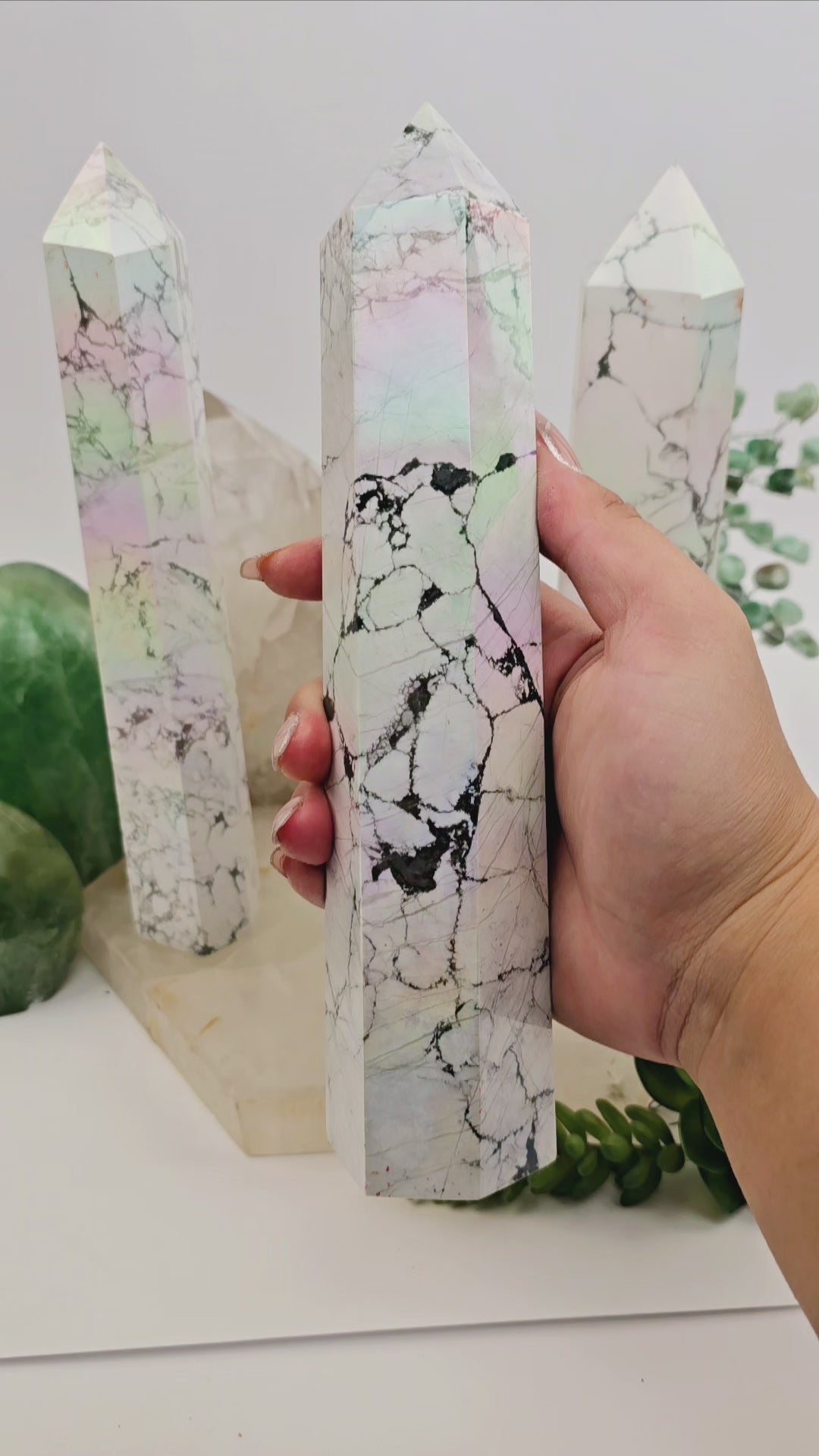 White Howlite Angel Aura Crystal Obelisk - You Choose - video showing iridescent sheen of obelisk