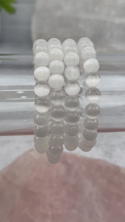 Selenite Gemstone Crystal Stretch Bracelets - 8mm Beads - (1BROWNSHELF-120)