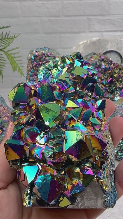 Amethyst Druzy Cutbase Crystal Clusters with Rainbow Titanium Finish