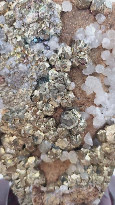 Pyrite and Calcite Crystal Cluster with Wooden Stand #3 video showing crystals at different angles